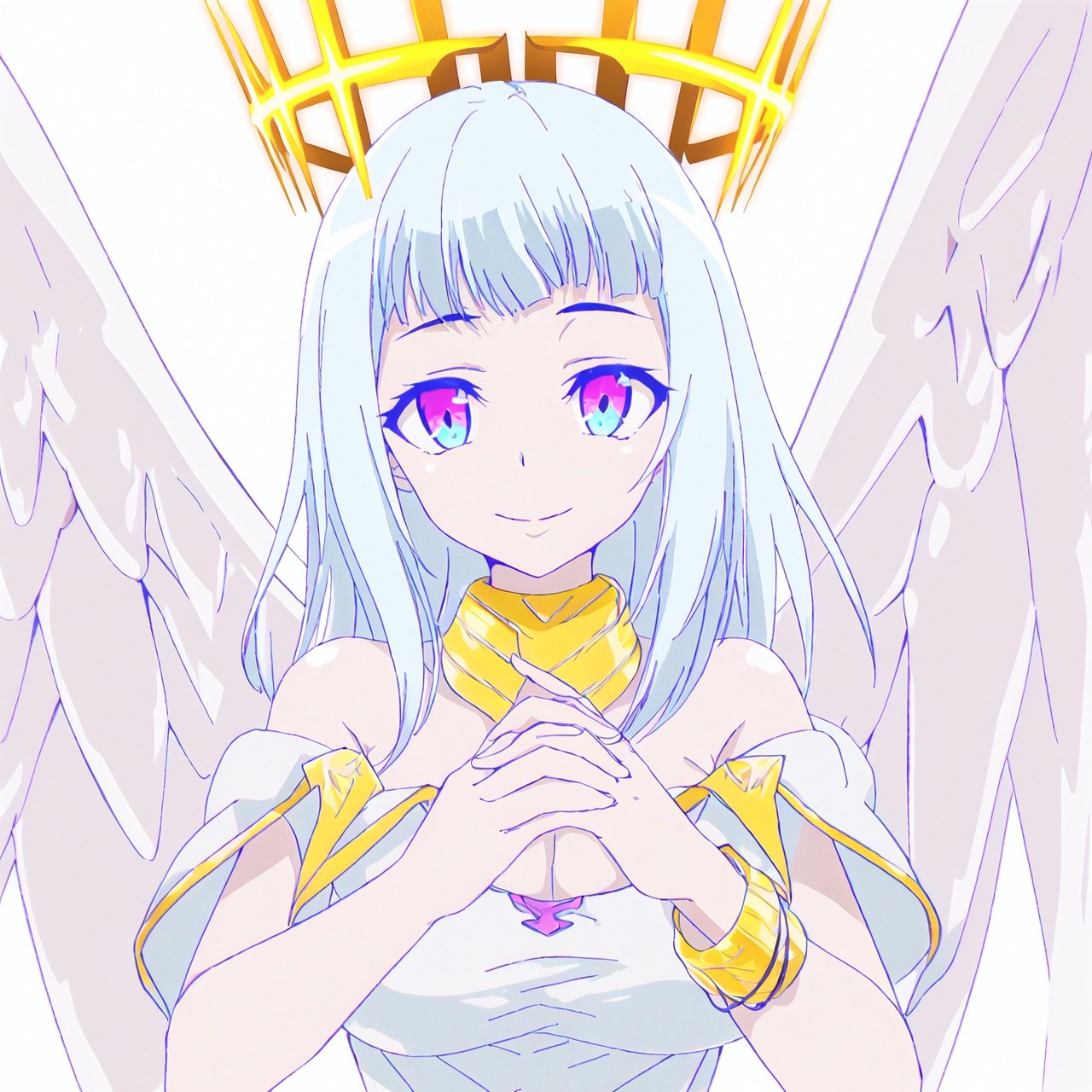 ultimatia,1girl,solo,white hair,blunt bang,multicolored eyes,long hair,smile,looking at viewer,crown,wings,white background,collar,angel,white dress,angel wings,breasts,cleavage,decollete,bare shoulders,white background,crown,gold bracelet




high quality,best quality,ultra detailed,masterpiece,big breast,detailed hands


