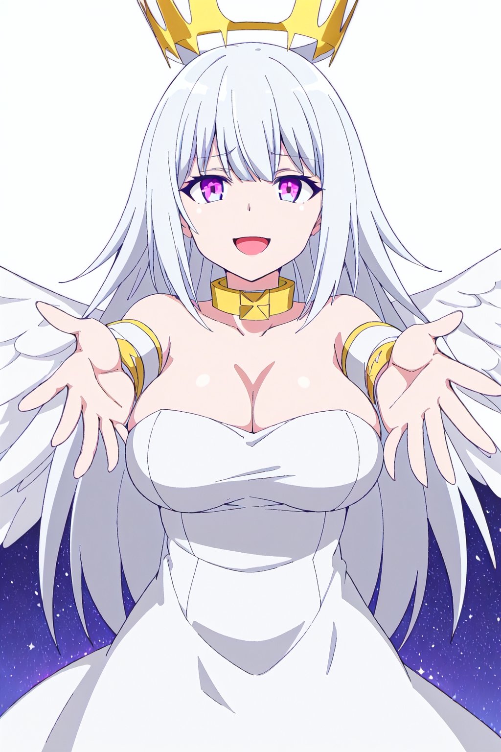 ultimatia,1girl,solo,white hair,blunt bang,multicolored eyes,long hair,smile,looking at viewer,crown,white background,collar,angel,white dress,angel wings,medium breasts,cleavage,decollette,bare shoulders,outstretched hand,outstretched arm





high quality,best quality,ultra detailed,masterpiece,big breast,detailed hands


