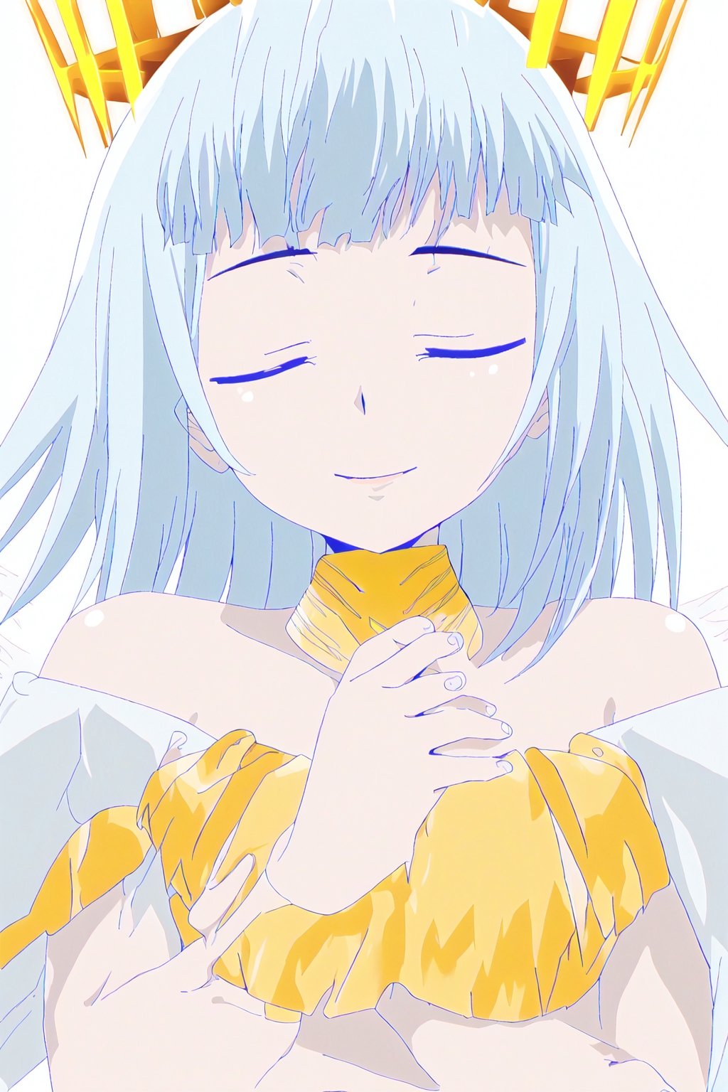 ultimatia,white hair,blunt bang,long hair,crown,1girl,solo,closed eyes,smile,breasts,angel,angel wings,gold bracelet,bare shoulders,white dress,white background,cleavage,choker,own hands clasped



high quality,best quality,ultra detailed,masterpiece,big breast,detailed hands


