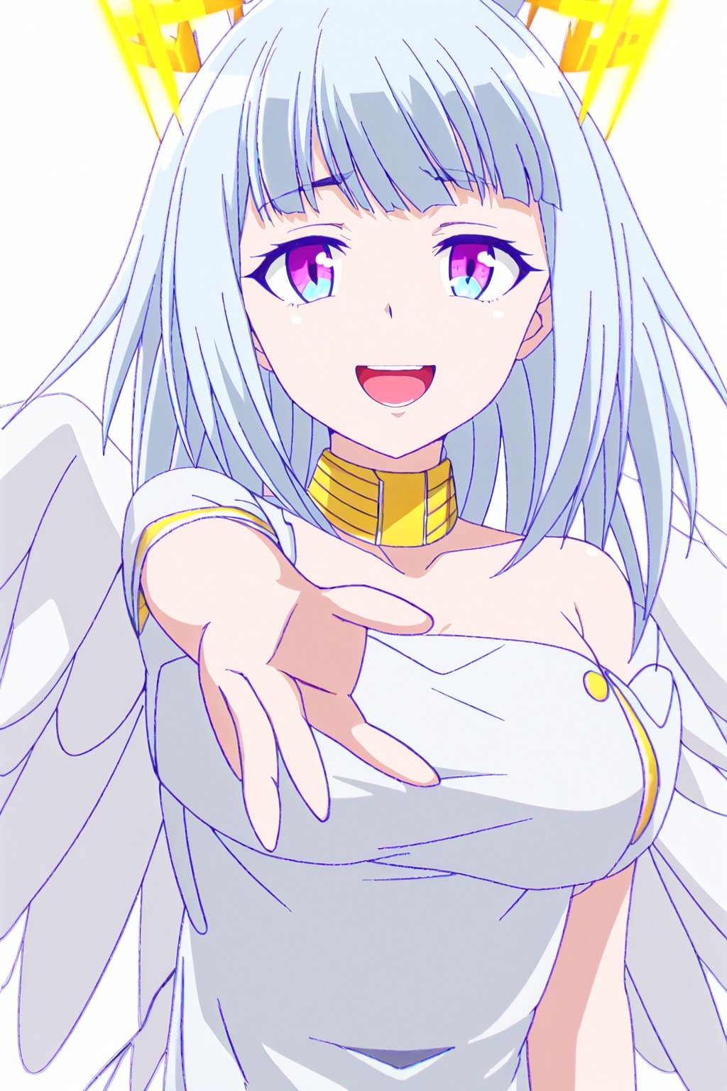 ultimatia,1girl,solo,white hair,blunt bang,multicolored eyes,long hair,smile,looking at viewer,crown,white background,collar,angel,white dress,angel wings,medium breasts,cleavage,decollette,bare shoulders,outstretched hand,outstretched arm





high quality,best quality,ultra detailed,masterpiece,big breast,detailed hands


