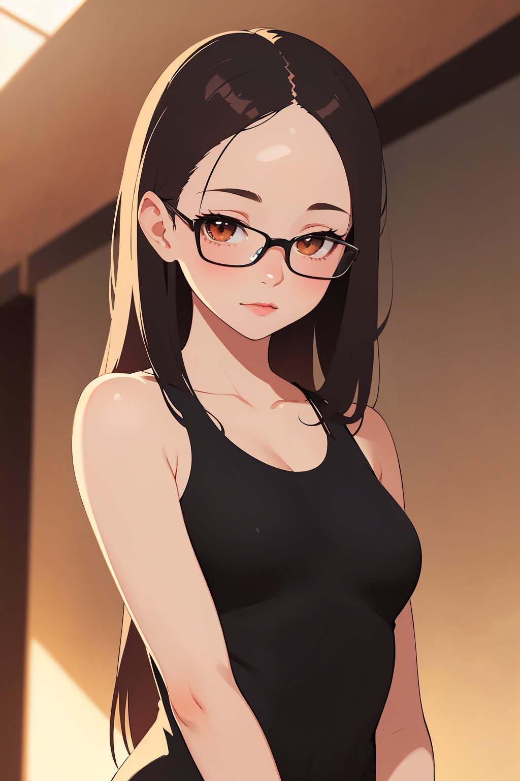 (absurdres, highres, ultra detailed), (1girl:1.3), (beautiful and athletic:1.3), brown_eyes, black_hair, straight hair, lips, (forehead:1.3), cute, medium breasts, plump, petite, loli, glasses, closed mouth, convergent strabismus, bashful, shy, blushing, 