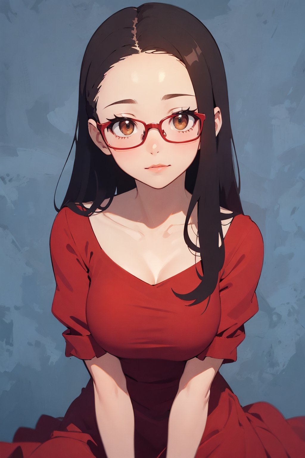 best quality,  masterpiece,  ultra high res,  photo(brown_eyes:1.3),  black_hair,  straight hair,  lips,  (forehead:1.3),  cute,  large breasts,  plump,  petite,  loli,  glasses,   ,  closed mouth,  convergent strabismus,  bashful,  shy,  blushing,  anime,  linart,  BREAK(red dress,  :1.3)blue background,  monochrome and red and blue,  model pose
