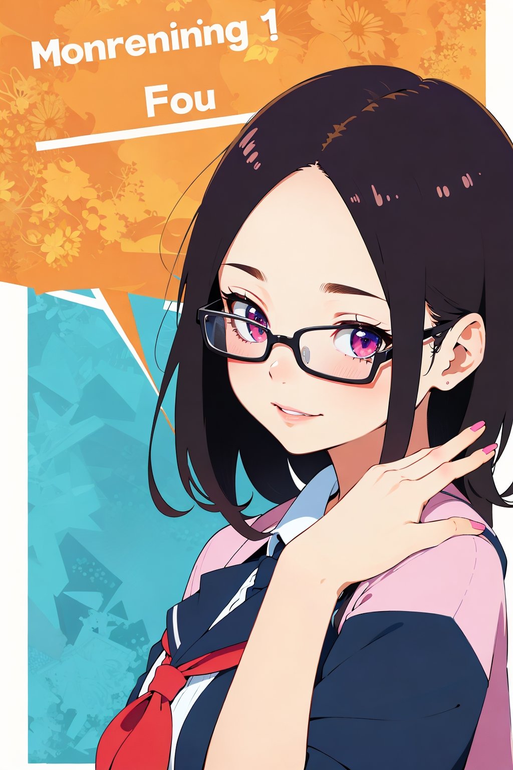 1girl,solo,school uniform,
brown_eyes, black_hair, straight hair, lips, (forehead:1.3),cute, medium breasts, plump,petite,loli,glasses,
,closed mouth, convergent strabismus, bashful, shy, blushing,smile,
BREAK
morning,
Greetings, front of school.wave one's hand
BREAK
girls Color Chart,anime,

