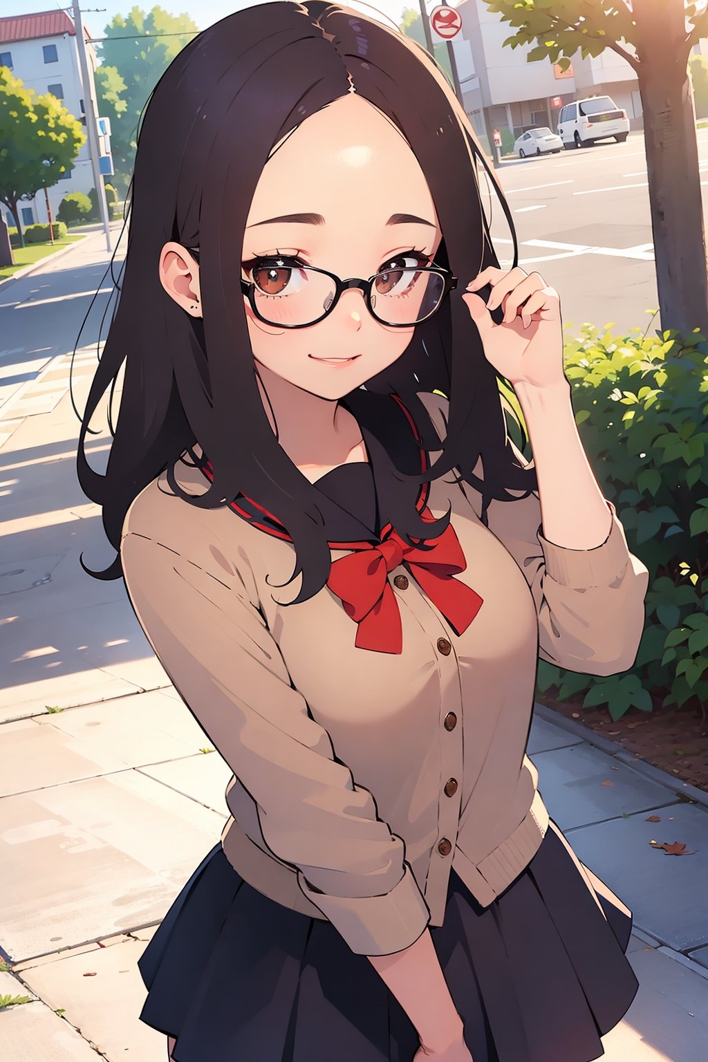 1girl,,solo,, school uniform,
brown_eyes, black_hair, straight hair, lips, (forehead:1.3),cute, medium breasts, plump,petite,loli,glasses,
,closed mouth, convergent strabismus, bashful, shy, blushing,smile,

BREAK
morning,
Greetings, front of school.wave one's hand
BREAK
girls Color Chart,anime,

