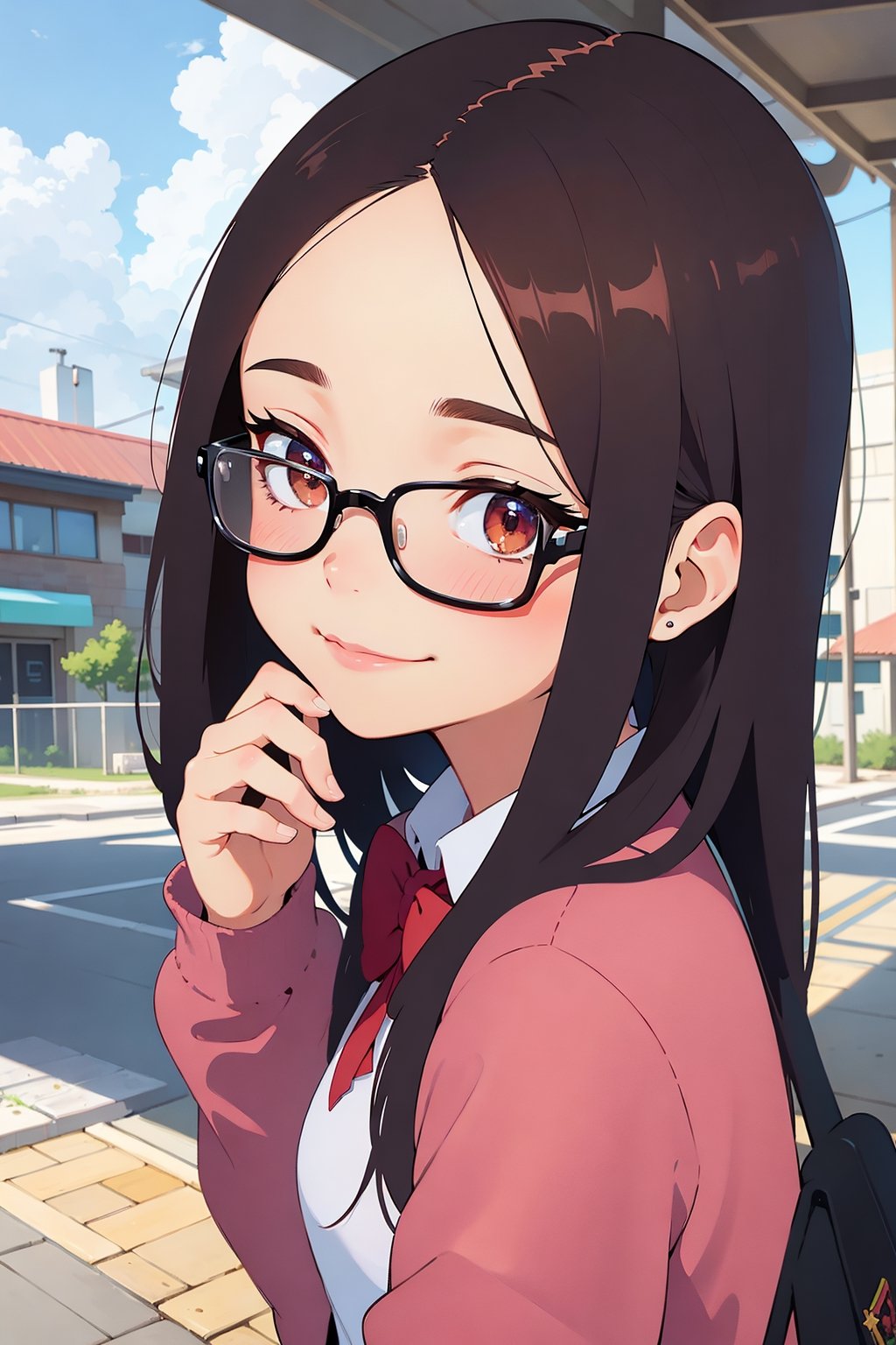 1girl,solo,school uniform,
brown_eyes, black_hair, straight hair, lips, (forehead:1.3),cute, medium breasts, plump,petite,loli,glasses,
,closed mouth, convergent strabismus, bashful, shy, blushing,smile,
BREAK
morning,
Greetings, front of school.wave one's hand
BREAK
girls Color Chart,anime,

