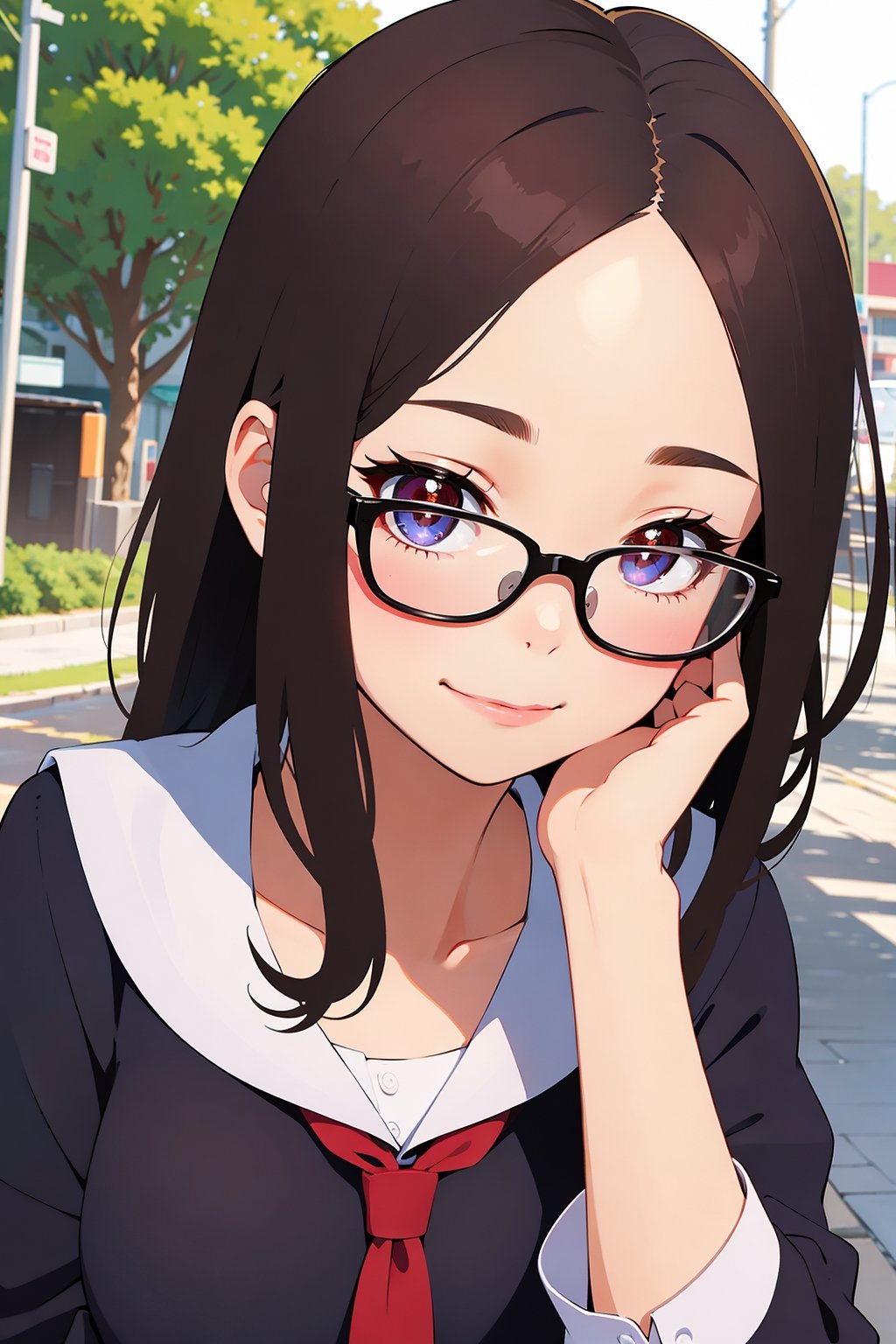 1girl,solo,school uniform,
brown_eyes, black_hair, straight hair, lips, (forehead:1.3),cute, medium breasts, plump,petite,loli,glasses,
,closed mouth, convergent strabismus, bashful, shy, blushing,smile,
BREAK
morning,
Greetings, front of school.wave one's hand
BREAK
girls Color Chart,anime,

