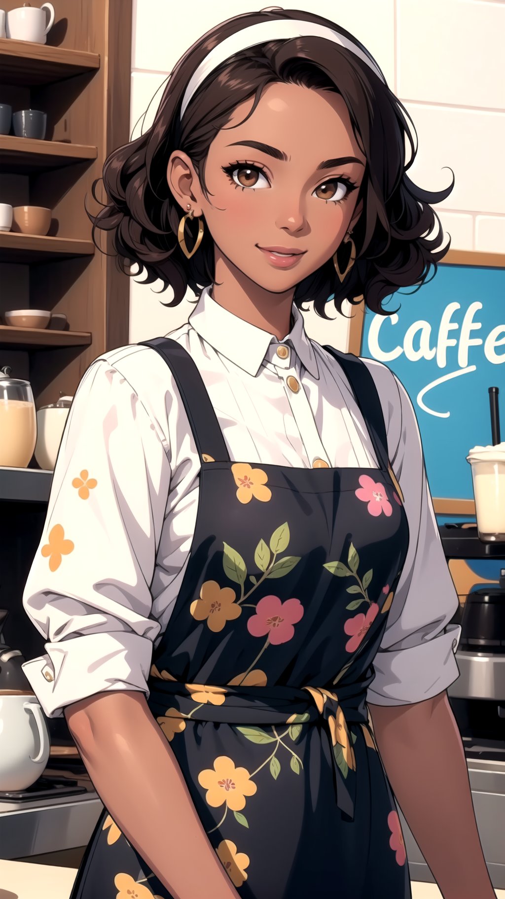 (masterpiece, best quality), 1girl, (curly hair), short hair, cafe, barista, dark skin, happy, looking at viewer, hairband, waist apron, earrings, upper body, ((intricate, print)),