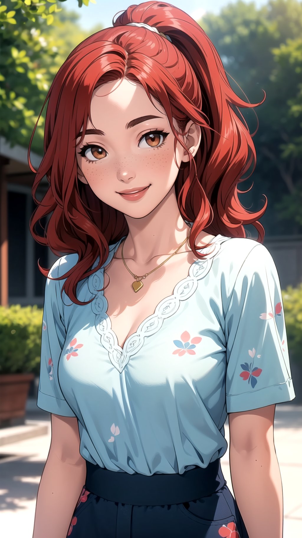 (masterpiece, best quality), 1girl, collarbone, wavy hair, looking at viewer, blurry foreground, upper body, necklace, contemporary, plain pants, ((intricate, print, pattern)), ponytail, freckles, red hair, dappled sunlight, smile, happy,