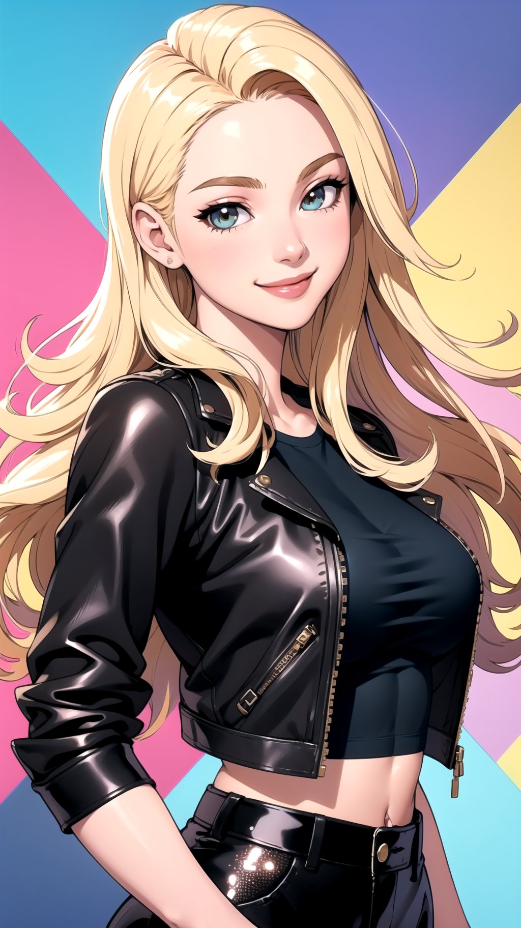 (masterpiece, best quality), 1girl, large breasts, long hair, blonde hair,  Sequin pants, rocker tee, leather jacket, upper body, smile,