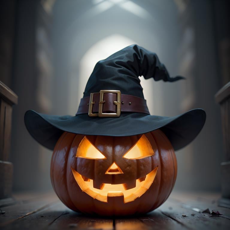 ((masterpiece,best quality)), <lora:Jack-o-lantern_Anime:0.5>,  no humans,  pumpkin, halloween,  witch hat,solo, looking at viewer,cinematic composition,