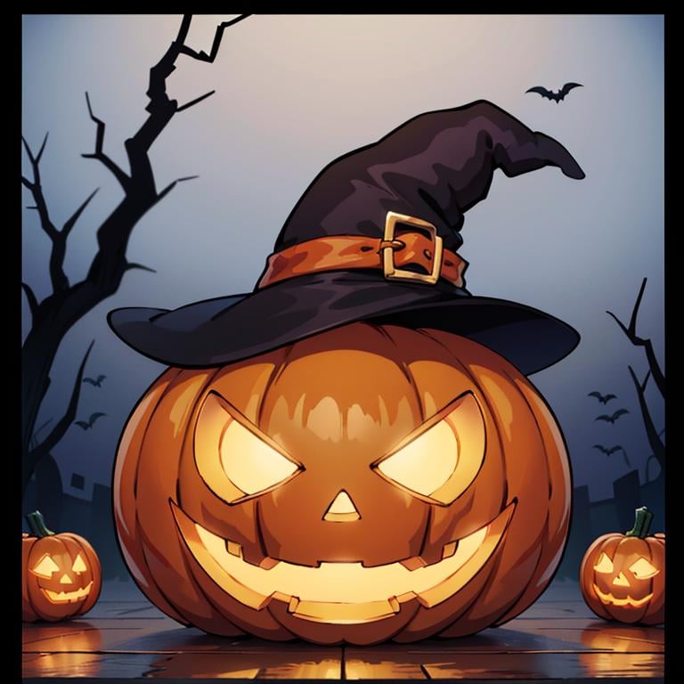 ((masterpiece,best quality)), absurdres,<lora:Jack-o-lantern_Anime:0.5>,  no humans,  pumpkin, halloween,  witch hat,solo, looking at viewer,cinematic composition,