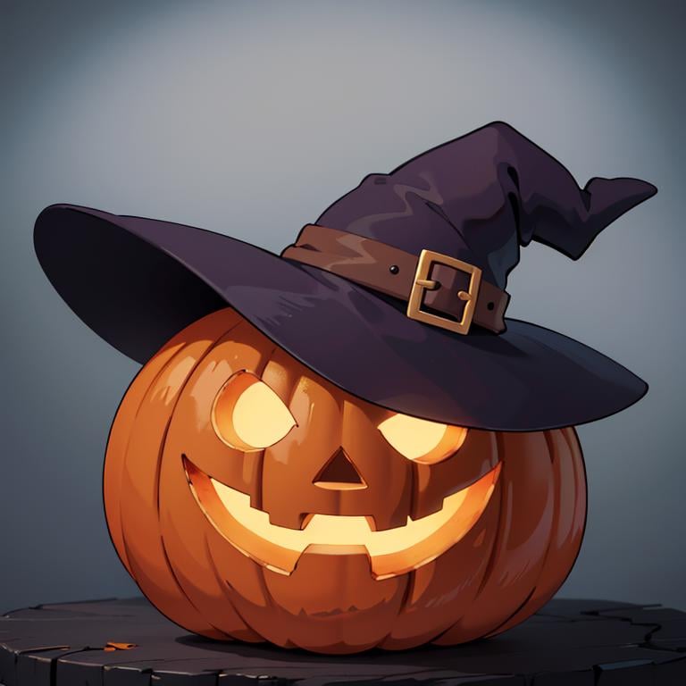 ((masterpiece,best quality)), absurdres,<lora:Jack-o-lantern_Anime:0.5>,  no humans,  pumpkin, halloween,  witch hat, solo, looking at viewer, cinematic composition, 