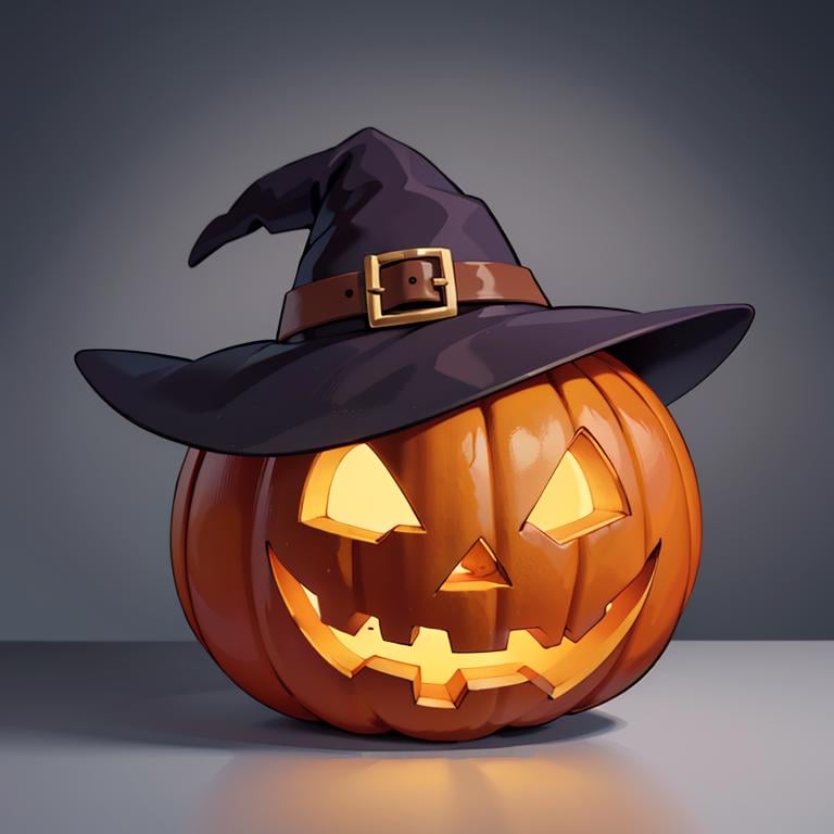 ((masterpiece,best quality)), absurdres,<lora:Jack-o-lantern_Anime:0.5>,  no humans,  pumpkin, halloween,  witch hat, solo, looking at viewer, cinematic composition, 