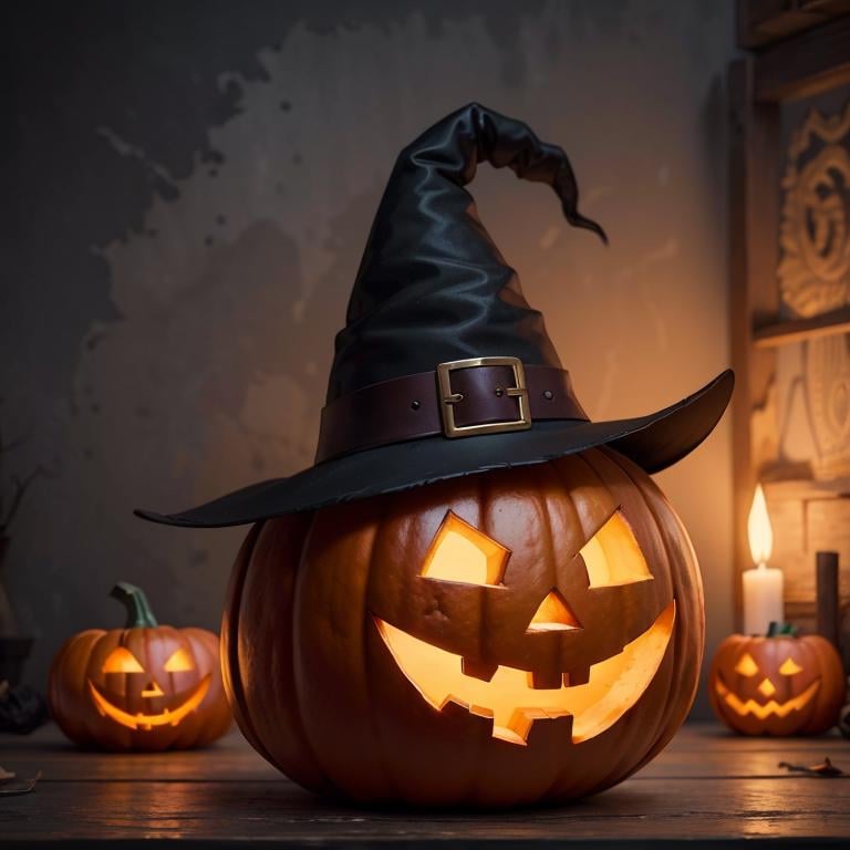 ((masterpiece,best quality)), <lora:Jack-o-lantern_Anime:0.5>,  no humans,  pumpkin, halloween,  witch hat,solo, looking at viewer,cinematic composition,