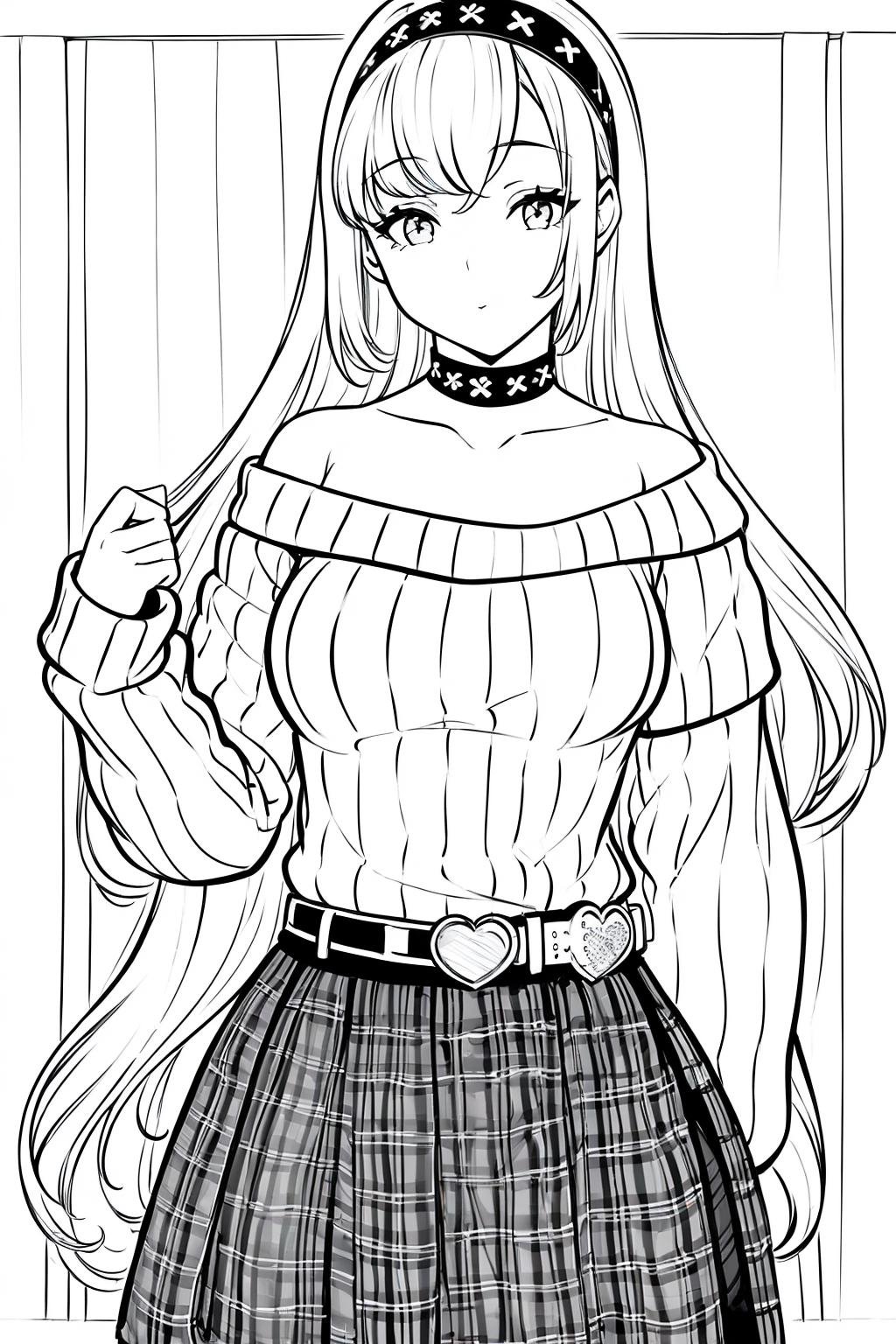 ((1girl)),lineart, monochrome,((masterpiece)), ((best quality)),((8K wallpaper)),((highly detailed)),sweater, ribbed sweater, hairband, plaid, plaid skirt, choker , aran sweater, off-shoulder sweater, long hair, belt, hair ornament, skirt, heart,hairband, off shoulder, choker, collarbone