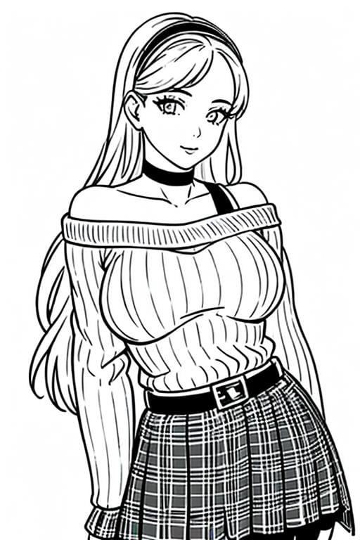 ((1girl)),lineart, monochrome,((masterpiece)), ((best quality)),((8K wallpaper)),((highly detailed)),sweater, ribbed sweater, hairband, plaid, plaid skirt, choker , aran sweater, off-shoulder sweater, long hair, belt, hair ornament, skirt, heart,hairband, off shoulder, choker, collarbone,realistic,studio lighting, ultra bright white lighting,((front lighting)),simple background,white background,high resolution,professional photography,ultra high details,32K