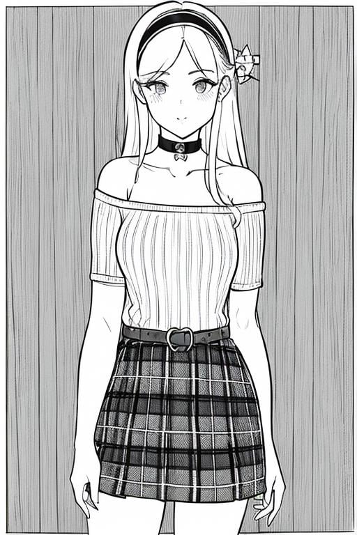 ((1girl)),lineart, monochrome,((masterpiece)), ((best quality)),((8K wallpaper)),((highly detailed)),sweater, ribbed sweater, hairband, plaid, plaid skirt, choker , aran sweater, off-shoulder sweater, long hair, belt, hair ornament, skirt, heart,hairband, off shoulder, choker, collarbone