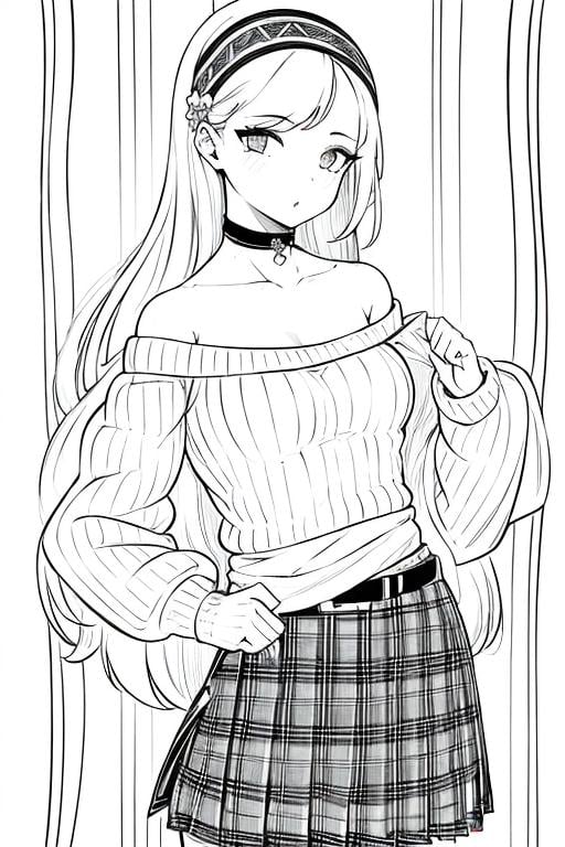 ((1girl)),lineart, monochrome,((masterpiece)), ((best quality)),((8K wallpaper)),((highly detailed)),sweater, ribbed sweater, hairband, plaid, plaid skirt, choker , aran sweater, off-shoulder sweater, long hair, belt, hair ornament, skirt, heart,hairband, off shoulder, choker, collarbone