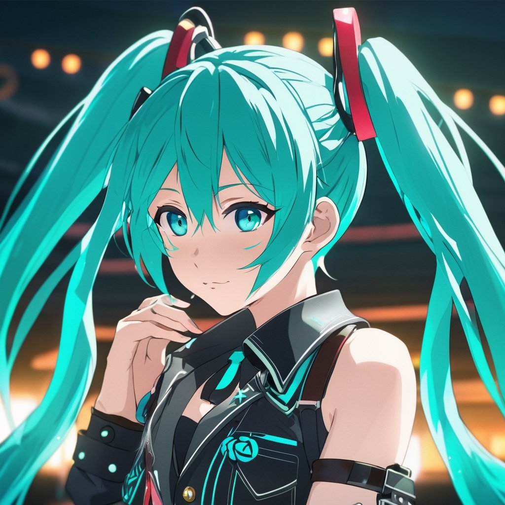 beautiful girl, (anime screencap), aqua hair, hatsune miku, twin tails, sexy, beautiful, dslr, 8k, 4k, natural skin, textured skin, pixiv, depth of field, cinematic compotision, best lighting, cowboy shot