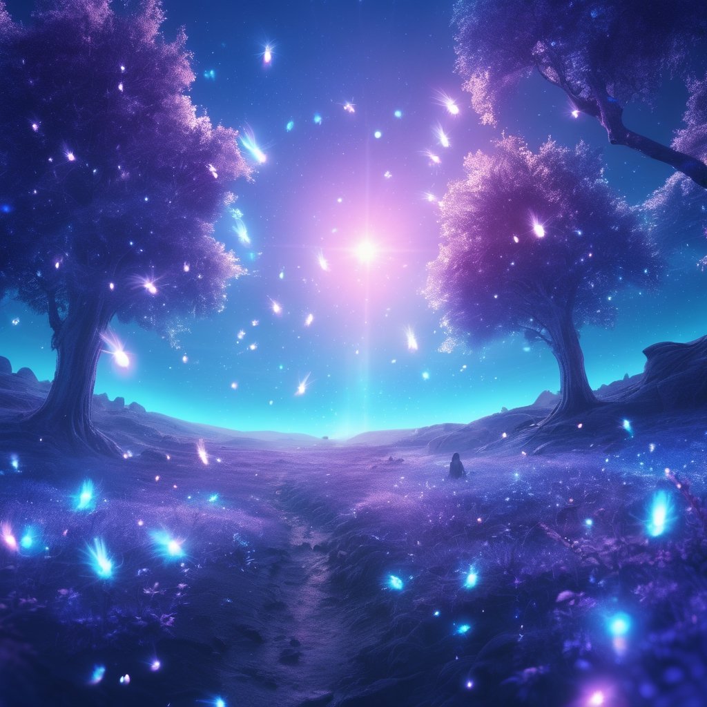 masterpiece, best quality, light particle, depth of field, fantasy, scenery, far away, no humans, blue light, pastel colors, chromatic aberration abuse, blue aura, aura, cinematic, atmosphere, purple light, illumination, (lens flare abuse:0.7), (earth:1.2) , fireflies, , (earth \(planet\):1.2), blue sky