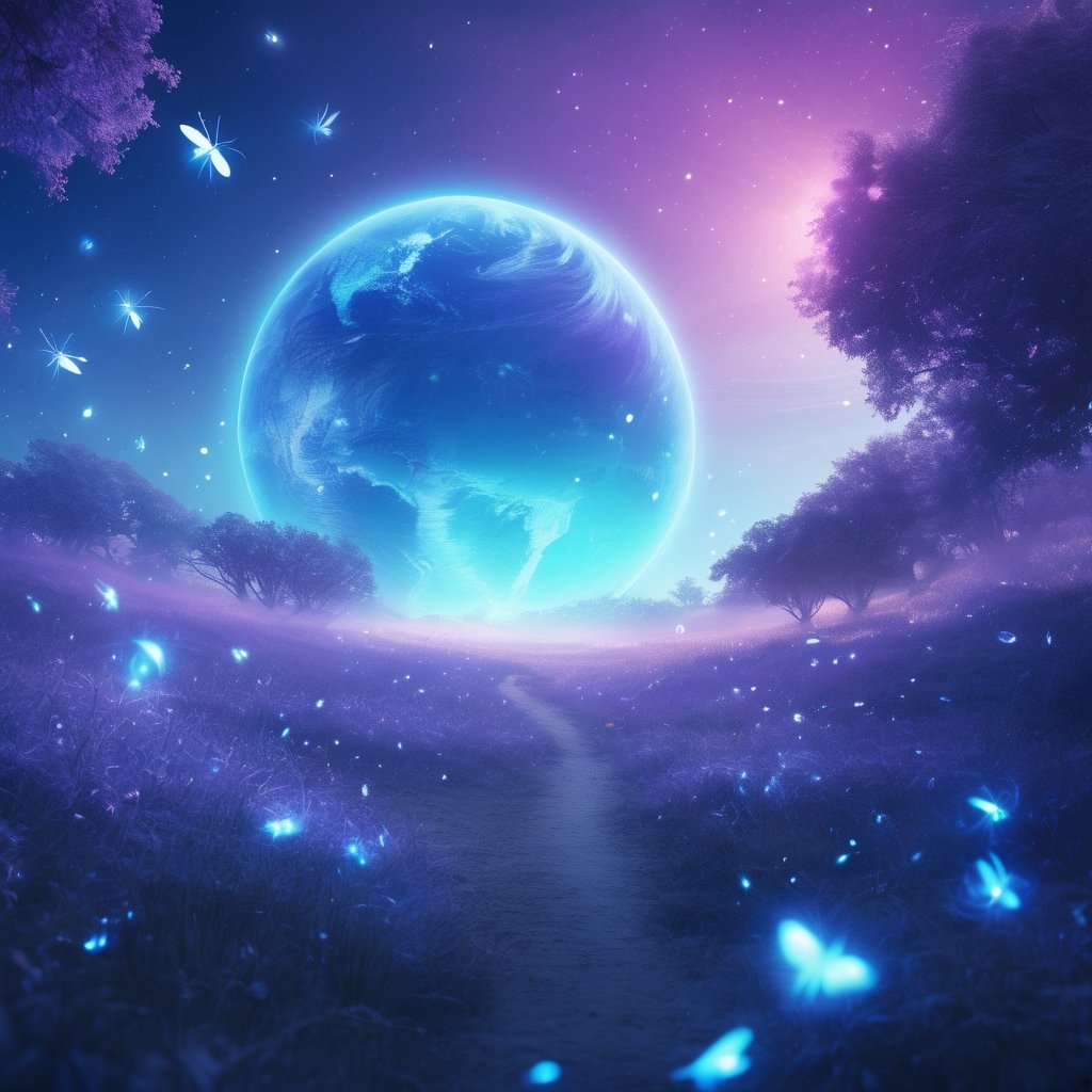 masterpiece, best quality, light particle, depth of field, fantasy, scenery, far away, no humans, blue light, pastel colors, chromatic aberration abuse, blue aura, aura, cinematic, atmosphere, purple light, illumination, (lens flare abuse:0.7), (earth:1.2) , fireflies, , (earth \(planet\):1.2), blue sky