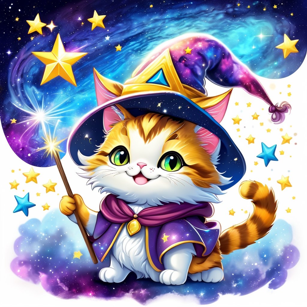 a cute cat, wizard hat, magical wear, smile, galaxy, sky, star, colorful, Leonardo Style,Leonardo Style, illustration,Xxmix_Catecat