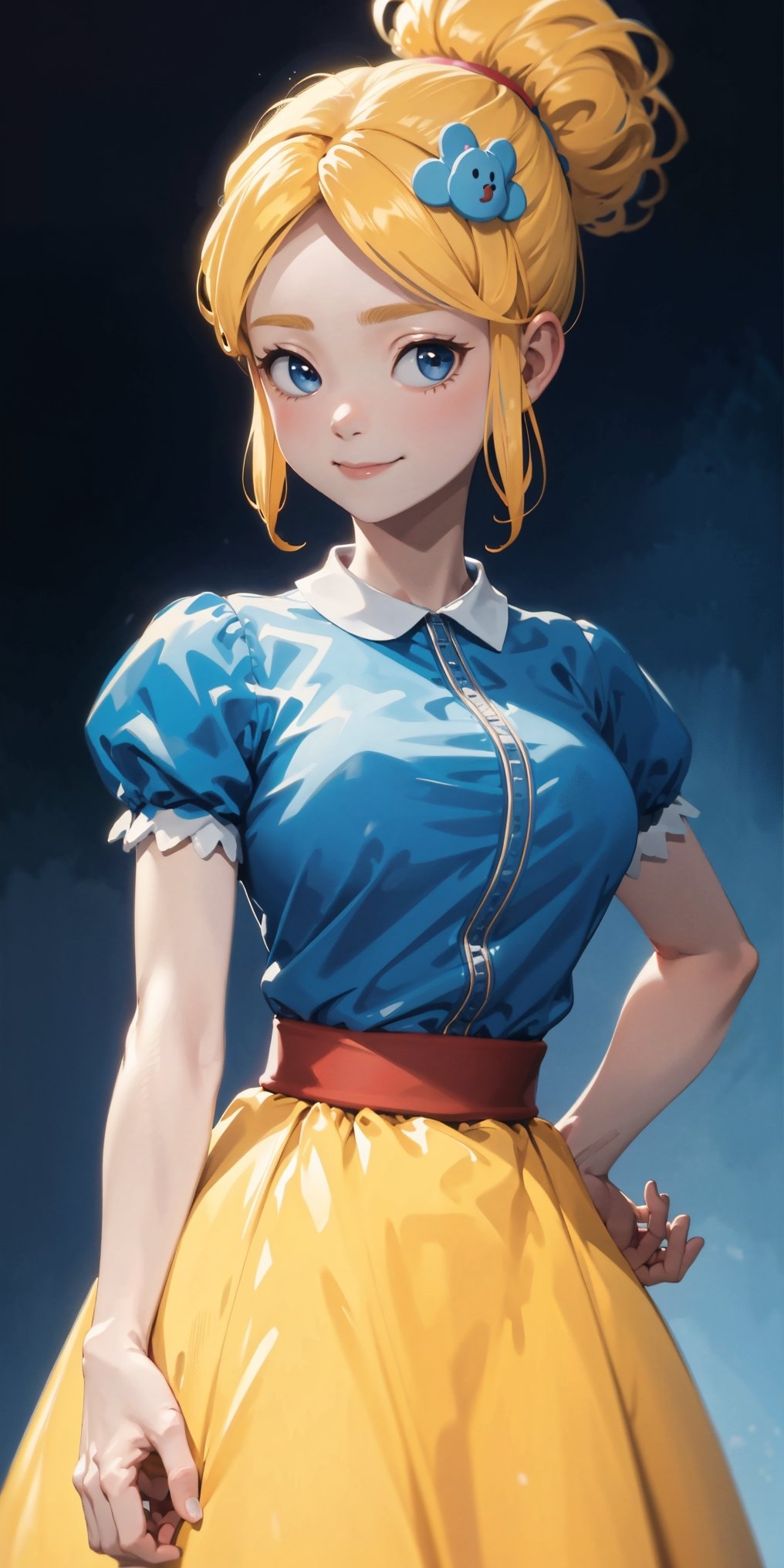 (masterpiece, 4k, best quality), anime, 1girl, /piper/, solo, smile, blonde hair, hair ornament, medium breasts, closed mouth, standing, full body, short sleeves, puffy sleeves, hair flower, hair bun, puffy short sleeves, hand on hip, leaning forward, blue dress, happy, arm behind back, long dress, white background, detailed