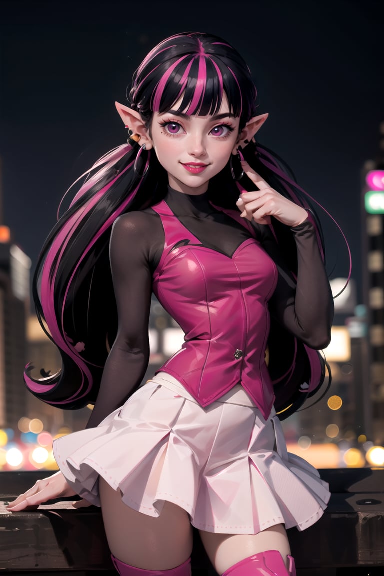centered, award winning upper body portrait, cowboy shot, (looking at viewer:1.2), |<lora:Draculaura_Anime:0.9>, Draculaura_MH, solo, black hair, pink hair, multicolored hair, pointy ears, white skirt, pink knee boots, smiling, contrapposto, | city, urban scenery, city lights,| bokeh, depth of field, cinematic composition, 