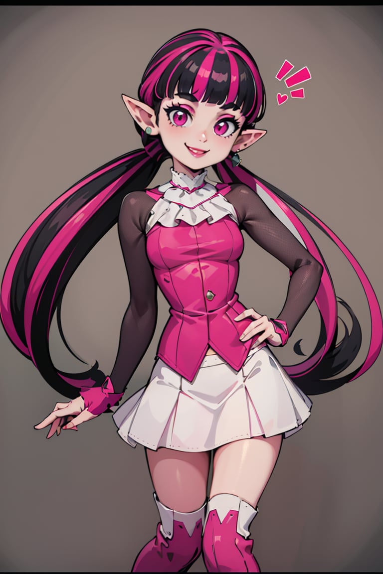 ((masterpiece,best quality)), absurdres,<lora:Draculaura_Anime:0.8>, Draculaura_MH, black hair, pink hair, multicolored hair, pointy ears,white skirt, pink knee boots, smiling, contrappostocinematic composition