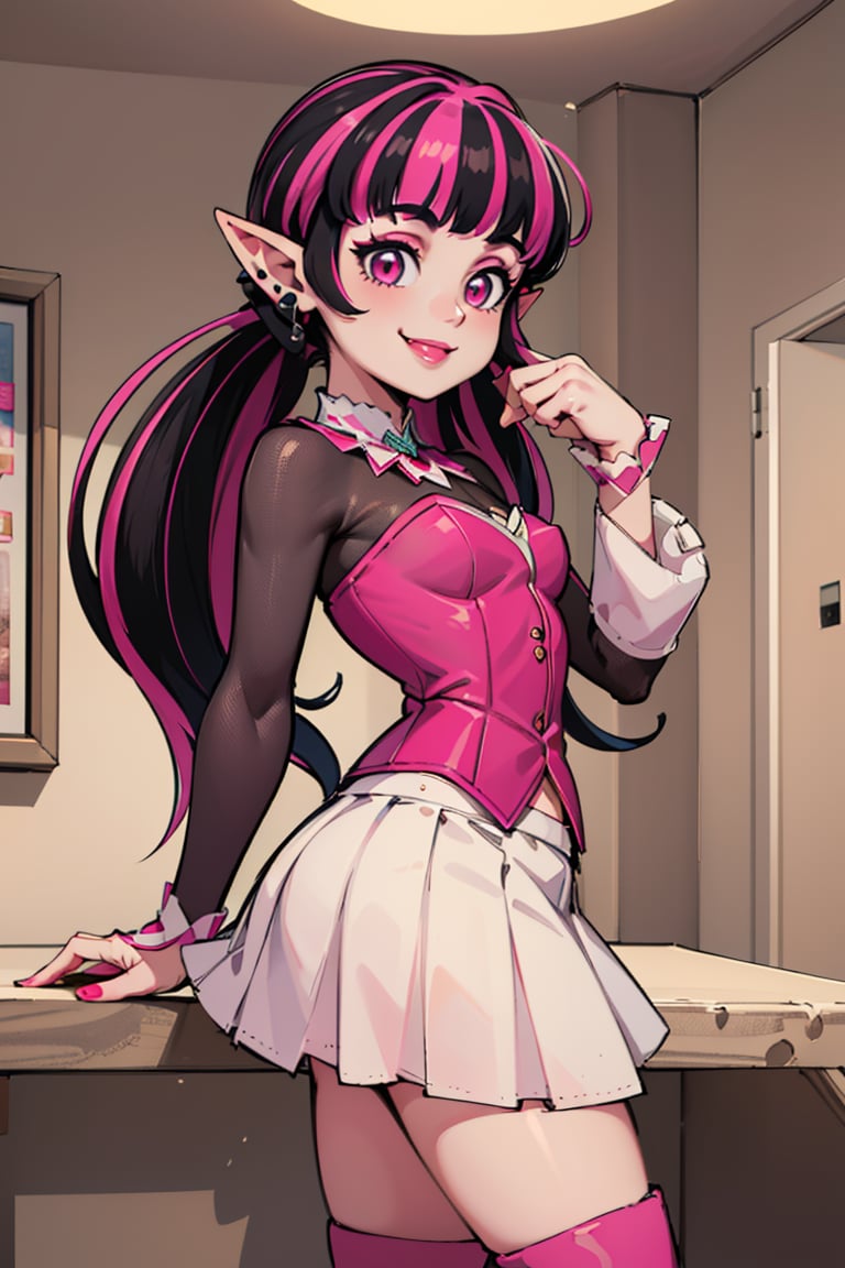 ((masterpiece,best quality)), absurdres,<lora:Draculaura_Anime:0.8>, Draculaura_MH, solo, black hair, pink hair, multicolored hair, pointy ears,white skirt, pink knee boots, smiling, contrapposto, from the side,cinematic composition