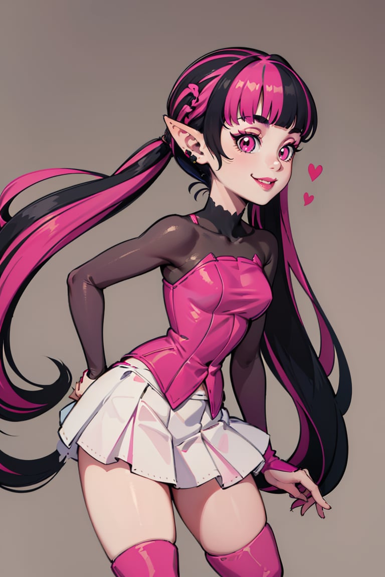 ((masterpiece,best quality)), absurdres,<lora:Draculaura_Anime:0.8>, Draculaura_MH, solo, black hair, pink hair, multicolored hair, pointy ears,white skirt, pink knee boots, smiling, contrapposto, from the side,cinematic composition