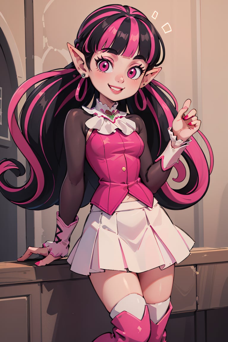 ((masterpiece,best quality)), absurdres,<lora:Draculaura_Anime:0.8>, Draculaura_MH, solo, black hair, pink hair, multicolored hair, pointy ears,white skirt, pink knee boots, smiling, contrapposto,cinematic composition