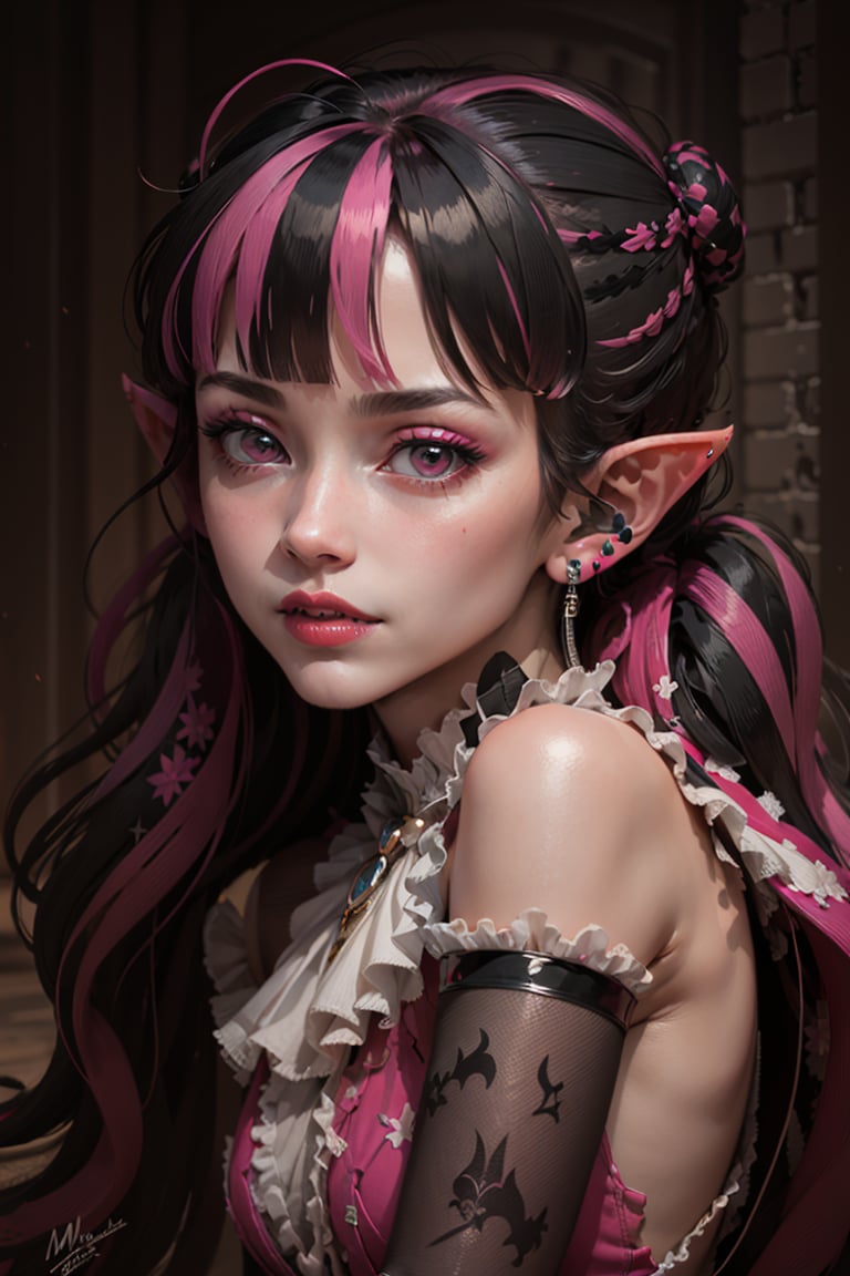((masterpiece,best quality)), <lora:Draculaura_Anime:0.8>, Draculaura_MH, black hair, pink hair, multicolored hair, pointy ears,upper body, extremely detailed face, blushing,