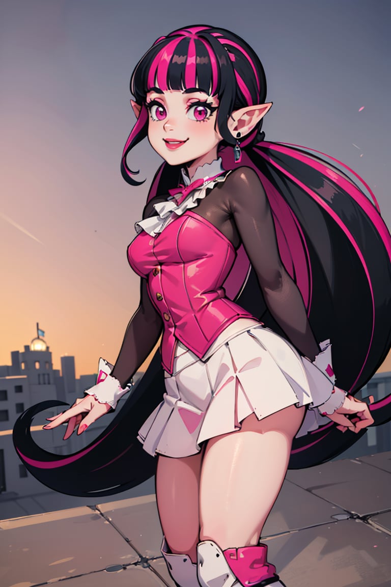 ((masterpiece,best quality)), absurdres,<lora:Draculaura_Anime:0.8>, Draculaura_MH, solo, black hair, pink hair, multicolored hair, pointy ears,white skirt, pink knee boots, smiling, contrapposto, from the side,cinematic composition