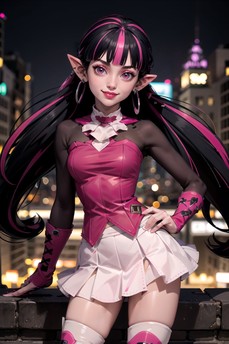 centered, award winning upper body portrait, cowboy shot, (looking at viewer:1.2), |<lora:Draculaura_Anime:0.9>, Draculaura_MH, solo, black hair, pink hair, multicolored hair, pointy ears, white skirt, pink knee boots, smiling, contrapposto, | city, urban scenery, city lights,| bokeh, depth of field, cinematic composition, 