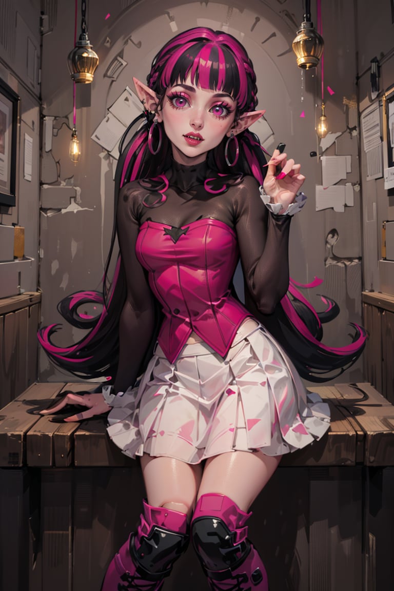 ((masterpiece,best quality)), absurdres,<lora:Draculaura_Anime:0.9>, Draculaura_MH, pink top, black hair, pink hair, multicolored hair, pointy ears, white skirt, pink knee boots, happy,