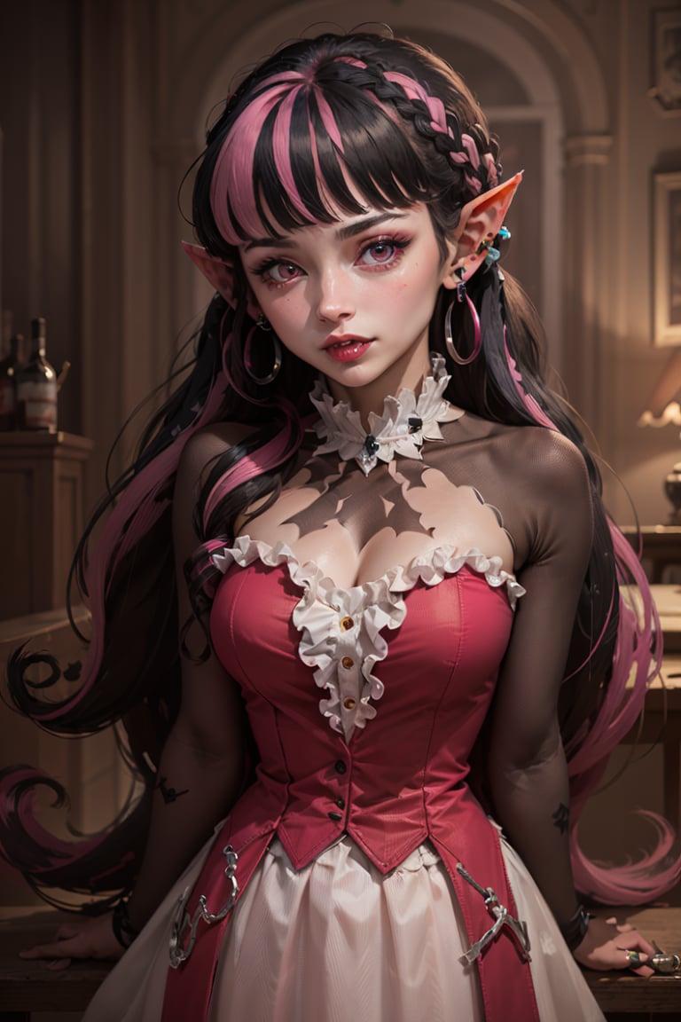 ((masterpiece,best quality)), <lora:Draculaura_Anime:0.8>, Draculaura_MH, black hair, pink hair, multicolored hair, pointy ears,upper body, extremely detailed face, blushing,