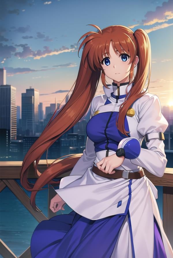 nanohatakamachi, <lora:nanohatakamachi-lora-nochekaiser:1>,nanoha takamachi, (takamachi nanoha:1.5), long hair, blue eyes, brown hair, hair ribbon, (side ponytail:1.5), white ribbon,BREAK magical girl, jacket, collar, puffy sleeves, long sleeves, white jacket,BREAK looking at viewer, full body, upper body,BREAK outdoors, city, sky,BREAK <lyco:GoodHands-beta2:1>, (masterpiece:1.2), best quality, high resolution, unity 8k wallpaper, (illustration:0.8), (beautiful detailed eyes:1.6), extremely detailed face, perfect lighting, extremely detailed CG, (perfect hands, perfect anatomy),