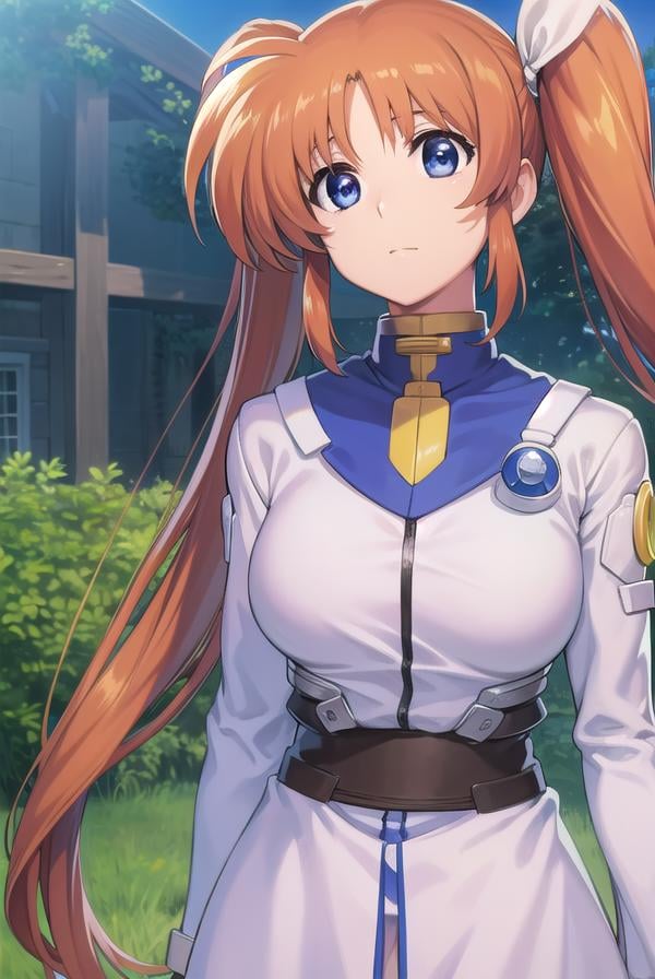 nanohatakamachi, <lora:nanohatakamachi-lora-nochekaiser:1>,nanoha takamachi, (takamachi nanoha:1.5), long hair, blue eyes, brown hair, hair ribbon, (side ponytail:1.5), white ribbon,BREAK magical girl, jacket, collar, puffy sleeves, long sleeves, white jacket,BREAK looking at viewer, full body, upper body,BREAK outdoors, city, sky,BREAK <lyco:GoodHands-beta2:1>, (masterpiece:1.2), best quality, high resolution, unity 8k wallpaper, (illustration:0.8), (beautiful detailed eyes:1.6), extremely detailed face, perfect lighting, extremely detailed CG, (perfect hands, perfect anatomy),