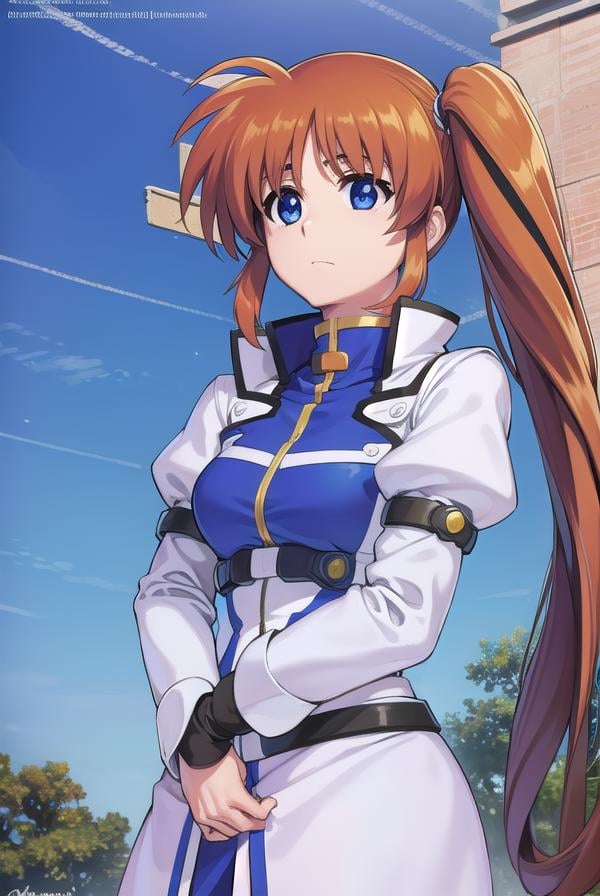 nanohatakamachi, <lora:nanohatakamachi-lora-nochekaiser:1>,nanoha takamachi, (takamachi nanoha:1.5), long hair, blue eyes, brown hair, hair ribbon, (side ponytail:1.5), white ribbon,BREAK magical girl, jacket, collar, puffy sleeves, long sleeves, white jacket,BREAK looking at viewer, full body, upper body,BREAK outdoors, city, sky,BREAK <lyco:GoodHands-beta2:1>, (masterpiece:1.2), best quality, high resolution, unity 8k wallpaper, (illustration:0.8), (beautiful detailed eyes:1.6), extremely detailed face, perfect lighting, extremely detailed CG, (perfect hands, perfect anatomy),