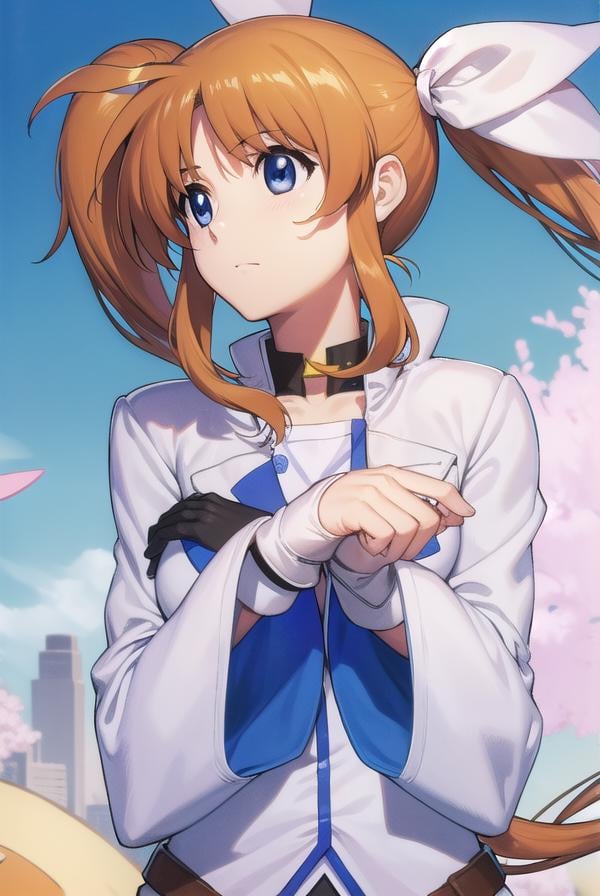 nanohatakamachi, <lora:nanohatakamachi-lora-nochekaiser:1>,nanoha takamachi, (takamachi nanoha:1.5), long hair, blue eyes, brown hair, hair ribbon, (side ponytail:1.5), white ribbon,BREAK magical girl, jacket, collar, puffy sleeves, long sleeves, white jacket,BREAK looking at viewer, full body, upper body,BREAK outdoors, city, sky,BREAK <lyco:GoodHands-beta2:1>, (masterpiece:1.2), best quality, high resolution, unity 8k wallpaper, (illustration:0.8), (beautiful detailed eyes:1.6), extremely detailed face, perfect lighting, extremely detailed CG, (perfect hands, perfect anatomy),