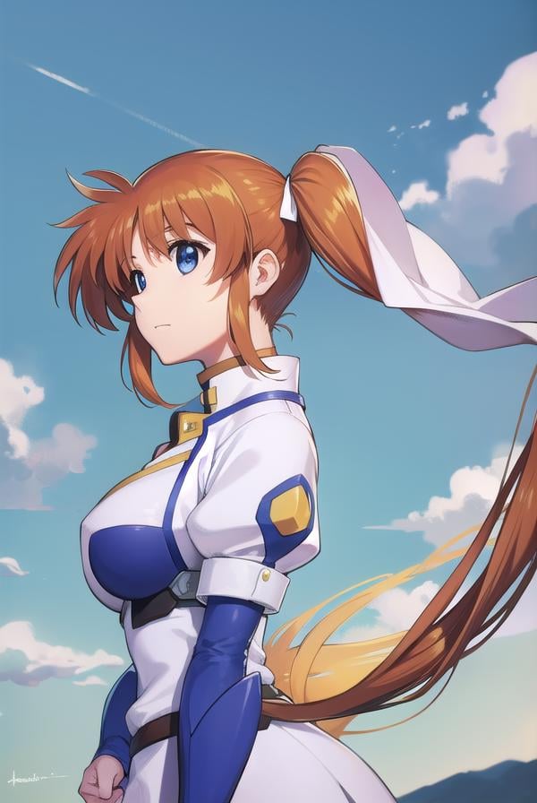 nanohatakamachi, <lora:nanohatakamachi-lora-nochekaiser:1>,nanoha takamachi, (takamachi nanoha:1.5), long hair, blue eyes, brown hair, hair ribbon, (side ponytail:1.5), white ribbon,BREAK magical girl, jacket, collar, puffy sleeves, long sleeves, white jacket,BREAK looking at viewer, full body, upper body,BREAK outdoors, city, sky,BREAK <lyco:GoodHands-beta2:1>, (masterpiece:1.2), best quality, high resolution, unity 8k wallpaper, (illustration:0.8), (beautiful detailed eyes:1.6), extremely detailed face, perfect lighting, extremely detailed CG, (perfect hands, perfect anatomy),