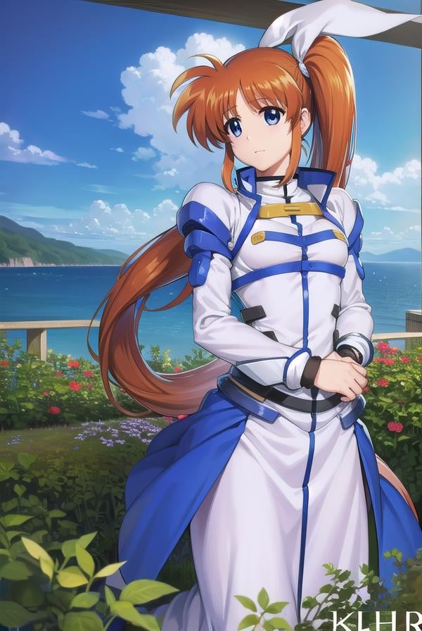 nanohatakamachi, <lora:nanohatakamachi-lora-nochekaiser:1>,nanoha takamachi, (takamachi nanoha:1.5), long hair, blue eyes, brown hair, hair ribbon, (side ponytail:1.5), white ribbon,BREAK magical girl, jacket, collar, puffy sleeves, long sleeves, white jacket,BREAK looking at viewer, full body, upper body,BREAK outdoors, city, sky,BREAK <lyco:GoodHands-beta2:1>, (masterpiece:1.2), best quality, high resolution, unity 8k wallpaper, (illustration:0.8), (beautiful detailed eyes:1.6), extremely detailed face, perfect lighting, extremely detailed CG, (perfect hands, perfect anatomy),