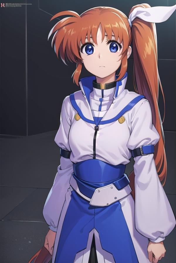 nanohatakamachi, <lora:nanohatakamachi-lora-nochekaiser:1>,nanoha takamachi, (takamachi nanoha:1.5), long hair, blue eyes, brown hair, hair ribbon, (side ponytail:1.5), white ribbon,BREAK magical girl, jacket, collar, puffy sleeves, long sleeves, white jacket,BREAK looking at viewer, full body, upper body,BREAK outdoors, city, sky,BREAK <lyco:GoodHands-beta2:1>, (masterpiece:1.2), best quality, high resolution, unity 8k wallpaper, (illustration:0.8), (beautiful detailed eyes:1.6), extremely detailed face, perfect lighting, extremely detailed CG, (perfect hands, perfect anatomy),