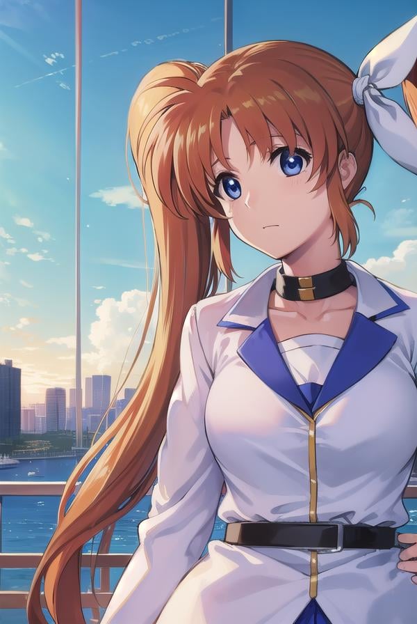 nanohatakamachi, <lora:nanohatakamachi-lora-nochekaiser:1>,nanoha takamachi, (takamachi nanoha:1.5), long hair, blue eyes, brown hair, hair ribbon, (side ponytail:1.5), white ribbon,BREAK magical girl, jacket, collar, puffy sleeves, long sleeves, white jacket,BREAK looking at viewer, full body, upper body,BREAK outdoors, city, sky,BREAK <lyco:GoodHands-beta2:1>, (masterpiece:1.2), best quality, high resolution, unity 8k wallpaper, (illustration:0.8), (beautiful detailed eyes:1.6), extremely detailed face, perfect lighting, extremely detailed CG, (perfect hands, perfect anatomy),