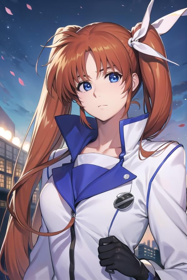 nanohatakamachi, <lora:nanohatakamachi-lora-nochekaiser:1>,nanoha takamachi, (takamachi nanoha:1.5), long hair, blue eyes, brown hair, hair ribbon, (side ponytail:1.5), white ribbon,BREAK magical girl, jacket, collar, puffy sleeves, long sleeves, white jacket,BREAK looking at viewer, full body, upper body,BREAK outdoors, city, sky,BREAK <lyco:GoodHands-beta2:1>, (masterpiece:1.2), best quality, high resolution, unity 8k wallpaper, (illustration:0.8), (beautiful detailed eyes:1.6), extremely detailed face, perfect lighting, extremely detailed CG, (perfect hands, perfect anatomy),