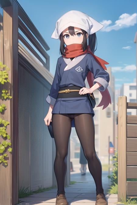 pokemonakari, <lora:pokemonakari-lora-nochekaiser:1>,pokemonakari, black hair, (grey eyes:1.5), long hair, ponytail, sidelocks, (small breasts:1.2),BREAK black pantyhose, black undershirt, brown footwear, head scarf, jacket, loose socks, pantyhose, red scarf, sash, scarf, shoes, socks, white headwear, white pantyhose,BREAK looking at viewer, (full body:1.2), upper body,BREAK outdoors, city, sky,BREAK <lyco:GoodHands-beta2:1>, (masterpiece:1.2), best quality, high resolution, unity 8k wallpaper, (illustration:0.8), (beautiful detailed eyes:1.6), extremely detailed face, perfect lighting, extremely detailed CG, (perfect hands, perfect anatomy),