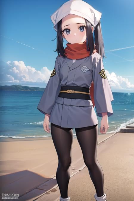 pokemonakari, <lora:pokemonakari-lora-nochekaiser:1>,pokemonakari, black hair, (grey eyes:1.5), long hair, ponytail, sidelocks, (small breasts:1.2),BREAK black pantyhose, black undershirt, brown footwear, head scarf, jacket, loose socks, pantyhose, red scarf, sash, scarf, shoes, socks, white headwear, white pantyhose,BREAK looking at viewer, (full body:1.2), upper body,BREAK outdoors, city, sky,BREAK <lyco:GoodHands-beta2:1>, (masterpiece:1.2), best quality, high resolution, unity 8k wallpaper, (illustration:0.8), (beautiful detailed eyes:1.6), extremely detailed face, perfect lighting, extremely detailed CG, (perfect hands, perfect anatomy),