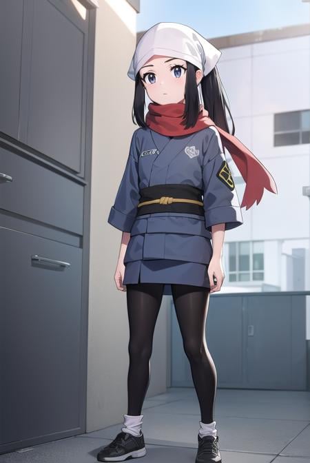 pokemonakari, <lora:pokemonakari-lora-nochekaiser:1>,pokemonakari, black hair, (grey eyes:1.5), long hair, ponytail, sidelocks, (small breasts:1.2),BREAK black pantyhose, black undershirt, brown footwear, head scarf, jacket, loose socks, pantyhose, red scarf, sash, scarf, shoes, socks, white headwear, white pantyhose,BREAK looking at viewer, (full body:1.2), upper body,BREAK outdoors, city, sky,BREAK <lyco:GoodHands-beta2:1>, (masterpiece:1.2), best quality, high resolution, unity 8k wallpaper, (illustration:0.8), (beautiful detailed eyes:1.6), extremely detailed face, perfect lighting, extremely detailed CG, (perfect hands, perfect anatomy),