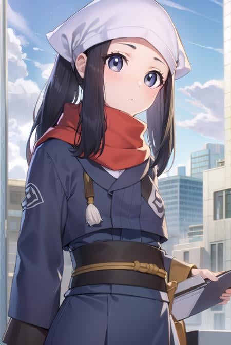 pokemonakari, <lora:pokemonakari-lora-nochekaiser:1>,pokemonakari, black hair, (grey eyes:1.5), long hair, ponytail, sidelocks, (small breasts:1.2),BREAK black pantyhose, black undershirt, brown footwear, head scarf, jacket, loose socks, pantyhose, red scarf, sash, scarf, shoes, socks, white headwear, white pantyhose,BREAK looking at viewer, (full body:1.2), upper body,BREAK outdoors, city, sky,BREAK <lyco:GoodHands-beta2:1>, (masterpiece:1.2), best quality, high resolution, unity 8k wallpaper, (illustration:0.8), (beautiful detailed eyes:1.6), extremely detailed face, perfect lighting, extremely detailed CG, (perfect hands, perfect anatomy),